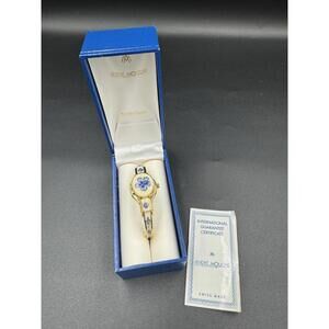 Vintage Andre Mouche Gold Tone Peekaboo Watch White Enamel Blue Flowers with box